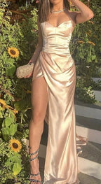 Vestidos de noche de sirena con escote corazón, vestidos largos de satén formales con abertura lateral, vestidos de fiesta Y304