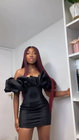 Vestido corto de fiesta con escote con volantes negro, estilo encantador Y319