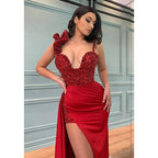 Vestido de noche formal burdeos con escote en V y lentejuelas, abertura alta y sexy 