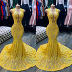 Robe de bal sirène jaune longue à col en V sans manches, ornée de sequins et de dentelle, sans manches