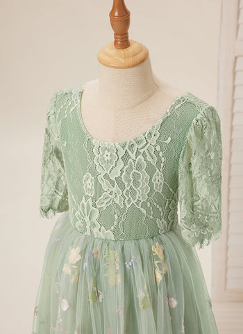 Vestido de niña de las flores color salvia con escote redondo, superficie de tela y tul (2003227581) 