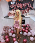 Vestido de fiesta de 18 cumpleaños, minivestido bustier de satén con cintura elástica, vestido sexy para baile de bienvenida Y343