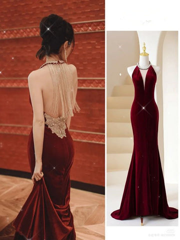 Robe de bal longue sirène bordeaux, robe de soirée chic bordeaux avec pompon au dos Y383