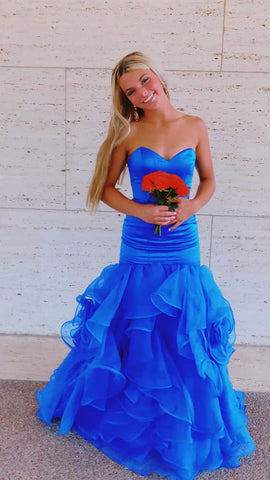 Robe de bal longue sirène en satin bleu royal et tulle Y349