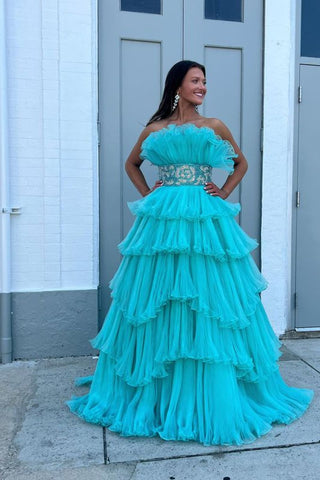 Trendy A Line Strapless Blue Tired Long Prom Dress with Beading