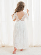 Vestido boho de niña de las flores color marfil, corte en A, de encaje y largo hasta el tobillo 