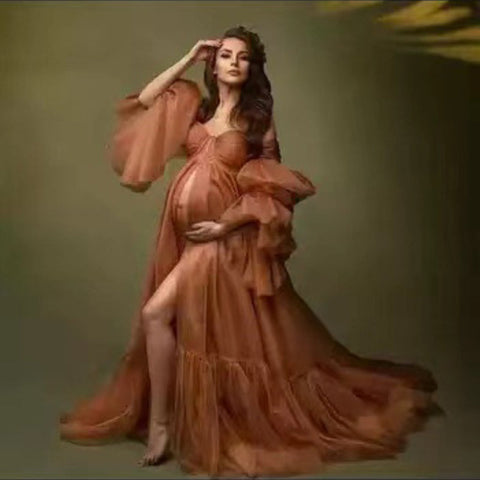 Falda de gasa premamá de manga larga con escote en V, suave y brillante, de gran venta.