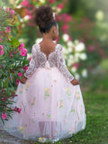 Vestido de niña de las flores de jardín, de tul bordado con encaje floral, corte en A y largo hasta el suelo 