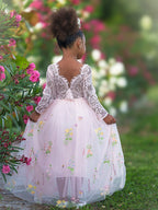 Vestido de niña de las flores de jardín, de tul bordado con encaje floral, corte en A y largo hasta el suelo 