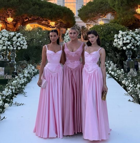 Vestido de noche largo de satén rosa elegante de corte A con tirantes finos, estilo Y7820
