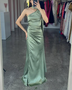 Elegant One Shoulder Hot Pink Satin Sheath Prom Dress Long Evening Dress Y8419