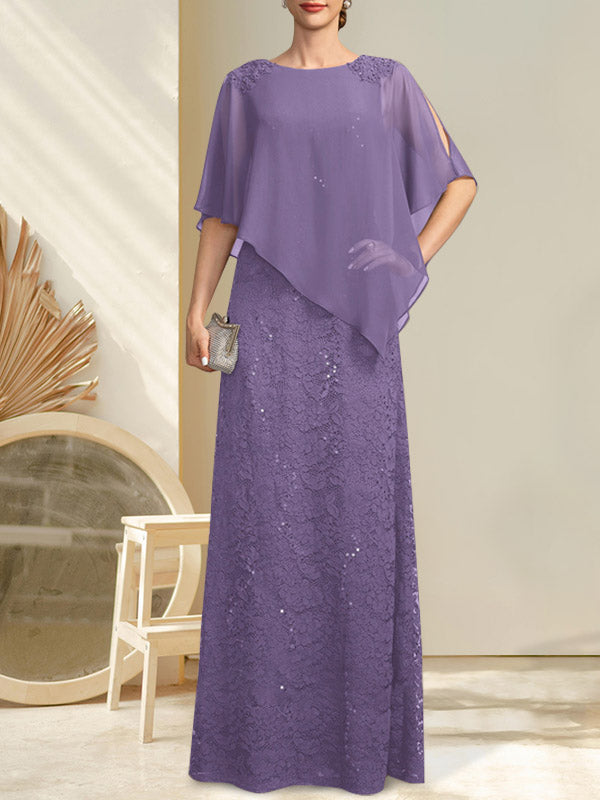 Vestido de novia de corte recto/columna, largo hasta el suelo, de gasa con encaje y lentejuelas, con escote redondo y pedrería.