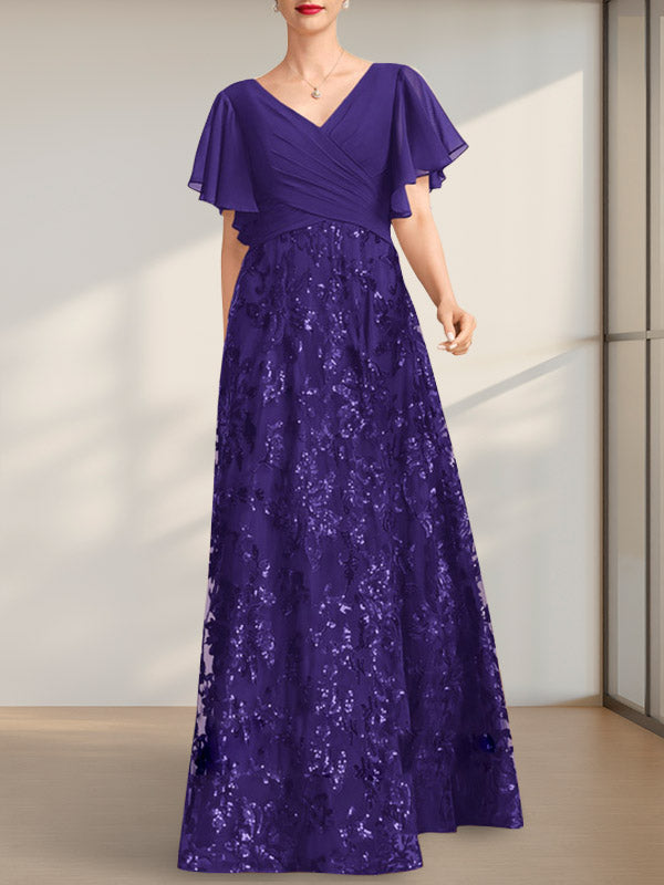 Vestido de novia de corte A, escote en V, largo hasta el suelo, de encaje, lentejuelas y gasa, con pliegues.