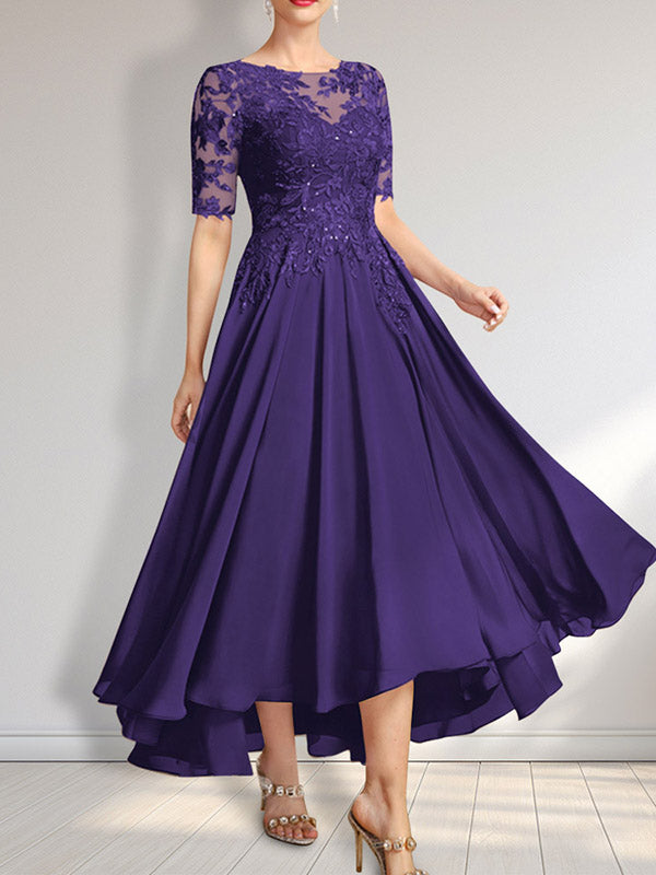 Robe de mère de la mariée asymétrique en mousseline de soie et dentelle, coupe trapèze, décolleté illusion, ornée de sequins 