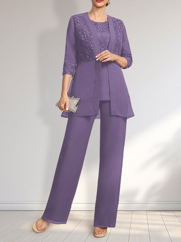 Vestido de novia de gasa con encaje y lentejuelas, estilo mono/traje pantalón, largo hasta el suelo, con escote redondo.
