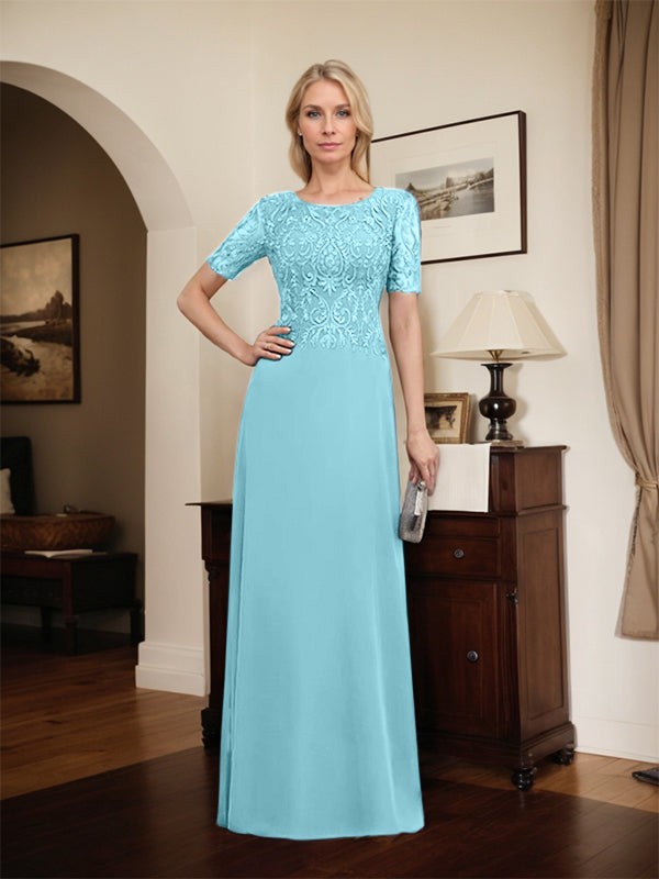 Vestido de novia de corte línea A, escote redondo, largo hasta el suelo, de encaje y gasa con lentejuelas.