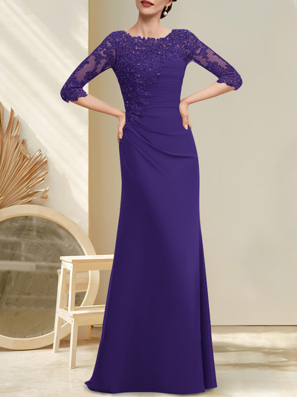 Vestido de corte A, escote redondo, largo hasta el suelo, de gasa, encaje, con cuentas, lentejuelas plisadas, para la madre de la novia.