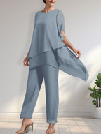 Vestido de gasa de dos piezas para la madre de la novia: mono/traje pantalón con escote redondo y largo hasta el tobillo.