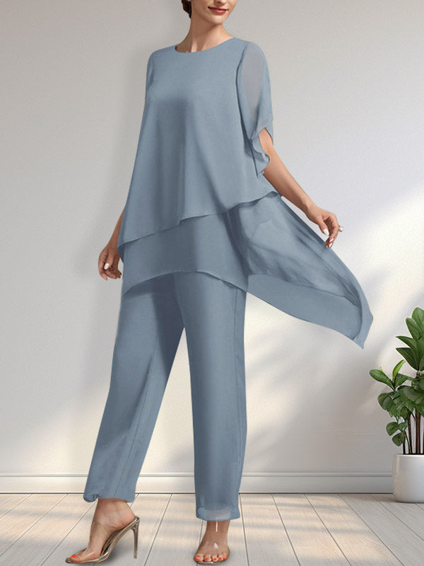 Vestido de gasa de dos piezas para la madre de la novia: mono/traje pantalón con escote redondo y largo hasta el tobillo.