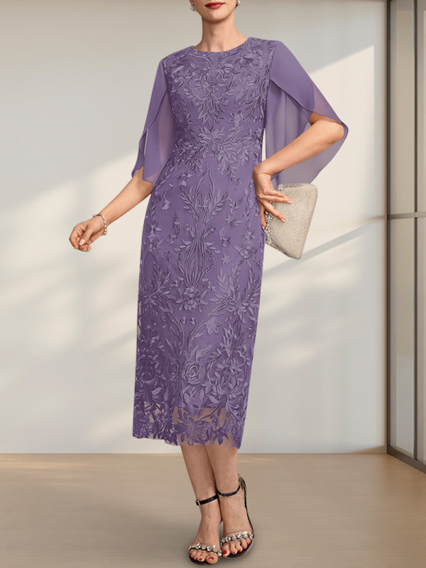 Vestido de novia de gasa de encaje, corte recto/columna, largo hasta la rodilla, con escote redondo.
