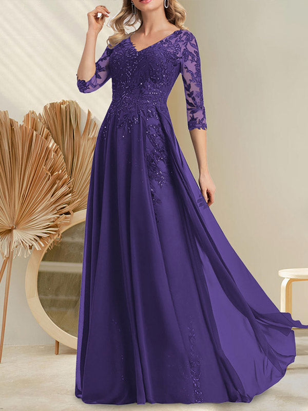 Vestido de novia de corte A, escote en V, largo hasta el suelo, de gasa de encaje con lentejuelas para la madre de la novia