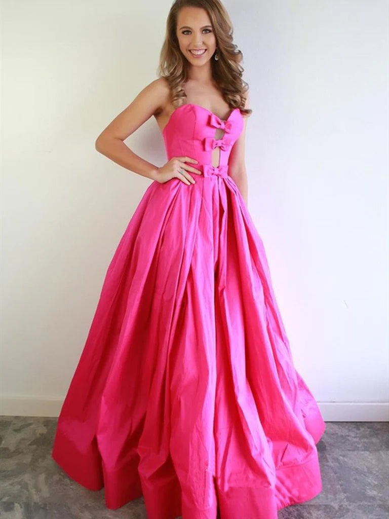 Vestido de fiesta fucsia corte A con escote corazón, vestido de noche de satén