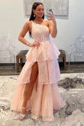 Robe de bal longue rose asymétrique à une épaule avec volants