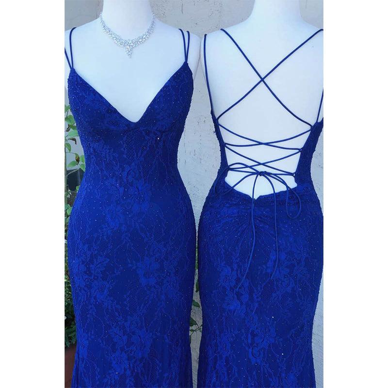 Robe de bal sirène bleu roi en dentelle à bretelles spaghetti et col en V