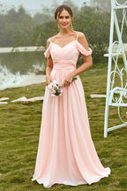 Robe de demoiselle d'honneur rose poudré à épaules dénudées
