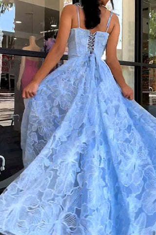 Beautiful A Line Spaghetti Straps Blue Long Prom Dress with Lace