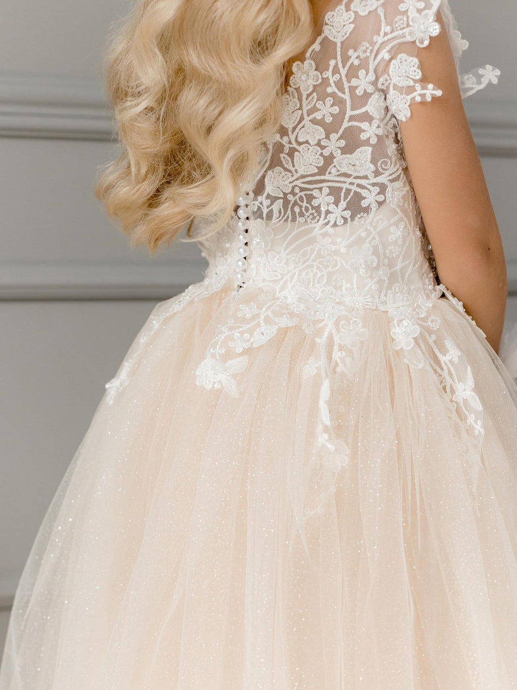 Robe de bal champagne brillante sans manches pour demoiselles d'honneur avec dentelle