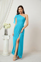 Baoleely  Chiffon Ruffled One Shoulder Long Bridesmaid Dresses A-line Formal Evening Gown Side Split 2809
