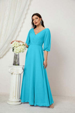 Baoleely  Formal Prom Gown Women V-Neck Chiffon Bridesmaid Dresses Long Bishop Sleeve Party Dress 2807