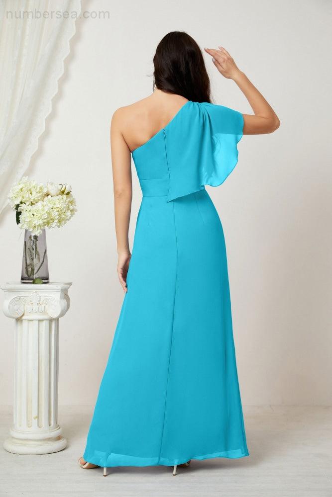 Baoleely  Chiffon Ruffled One Shoulder Long Bridesmaid Dresses A-line Formal Evening Gown Side Split 2809
