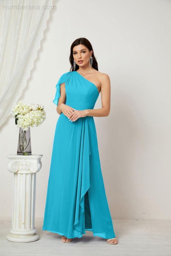 Baoleely  Chiffon Ruffled One Shoulder Long Bridesmaid Dresses A-line Formal Evening Gown Side Split 2809