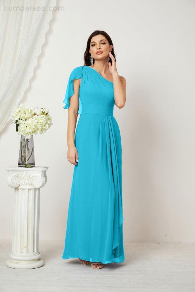 Baoleely  Chiffon Ruffled One Shoulder Long Bridesmaid Dresses A-line Formal Evening Gown Side Split 2809