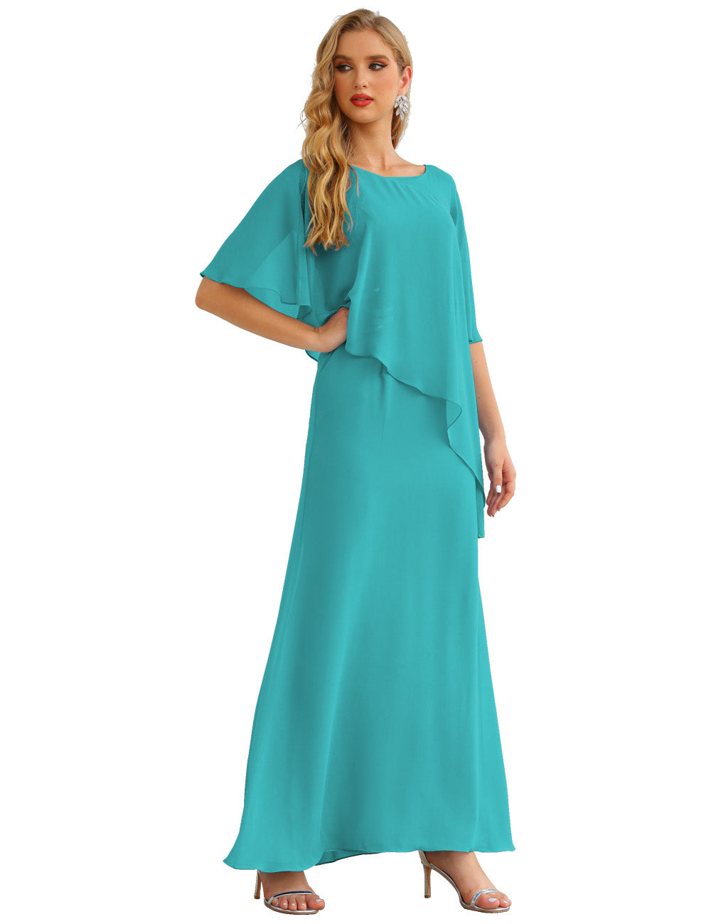 Turquoise Color Size 12 Mother of The Bride Dresses Long Cape Sleeves Formal Dress SEA28026