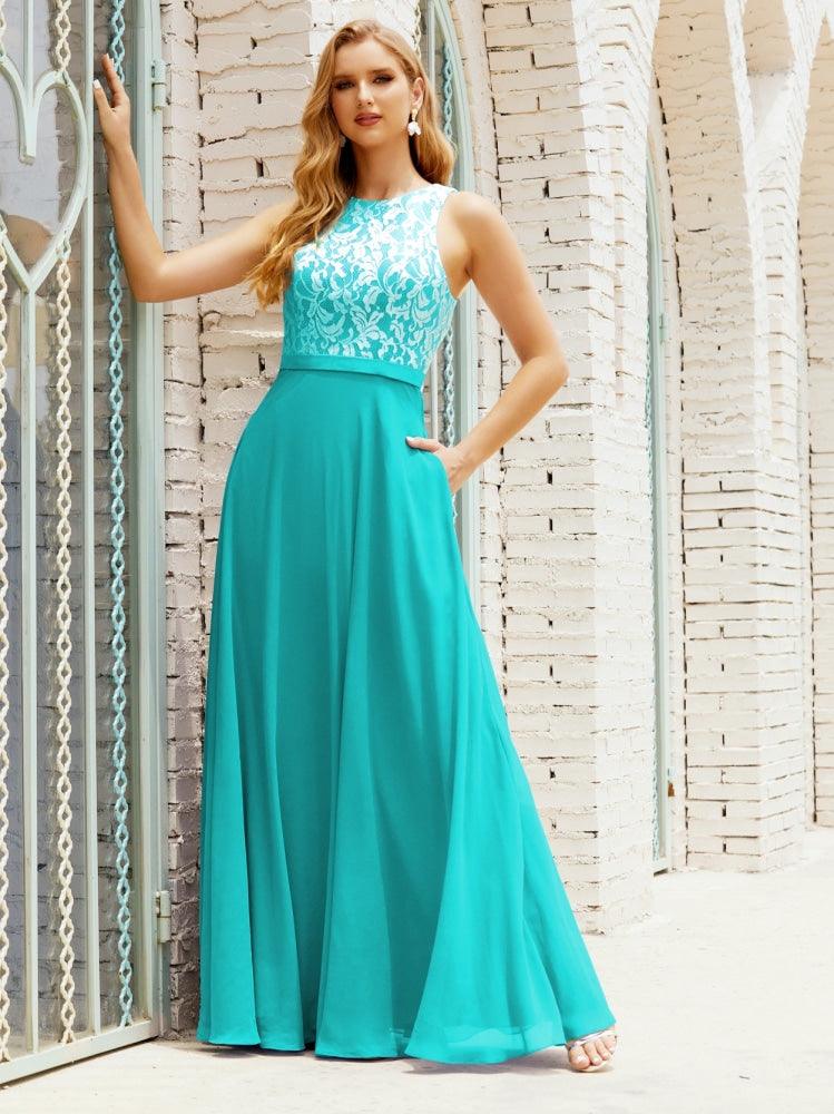 Vestido de dama de honor de encaje, largo hasta el suelo, con bolsillos, 28017 