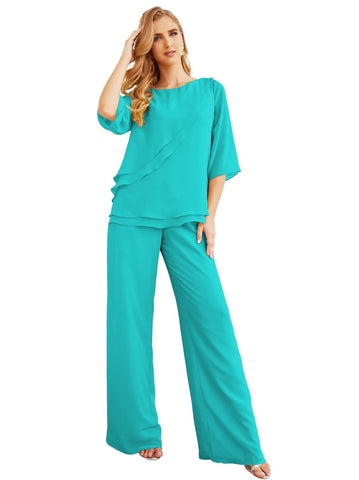 Elegante conjunto de pantalón y bata plateada de dos piezas para la madre de la novia, talla grande, con volantes, Sunderly Elegant SY28064