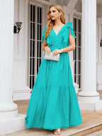Baoleely Women's Open Back Formal Evening Party Prom Gowns V-Neck Long Chiffon Bridesmaid Dresses with Waist Belt 28038