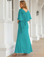 Turquoise Color Size 12 Mother of The Bride Dresses Long Cape Sleeves Formal Dress SEA28026