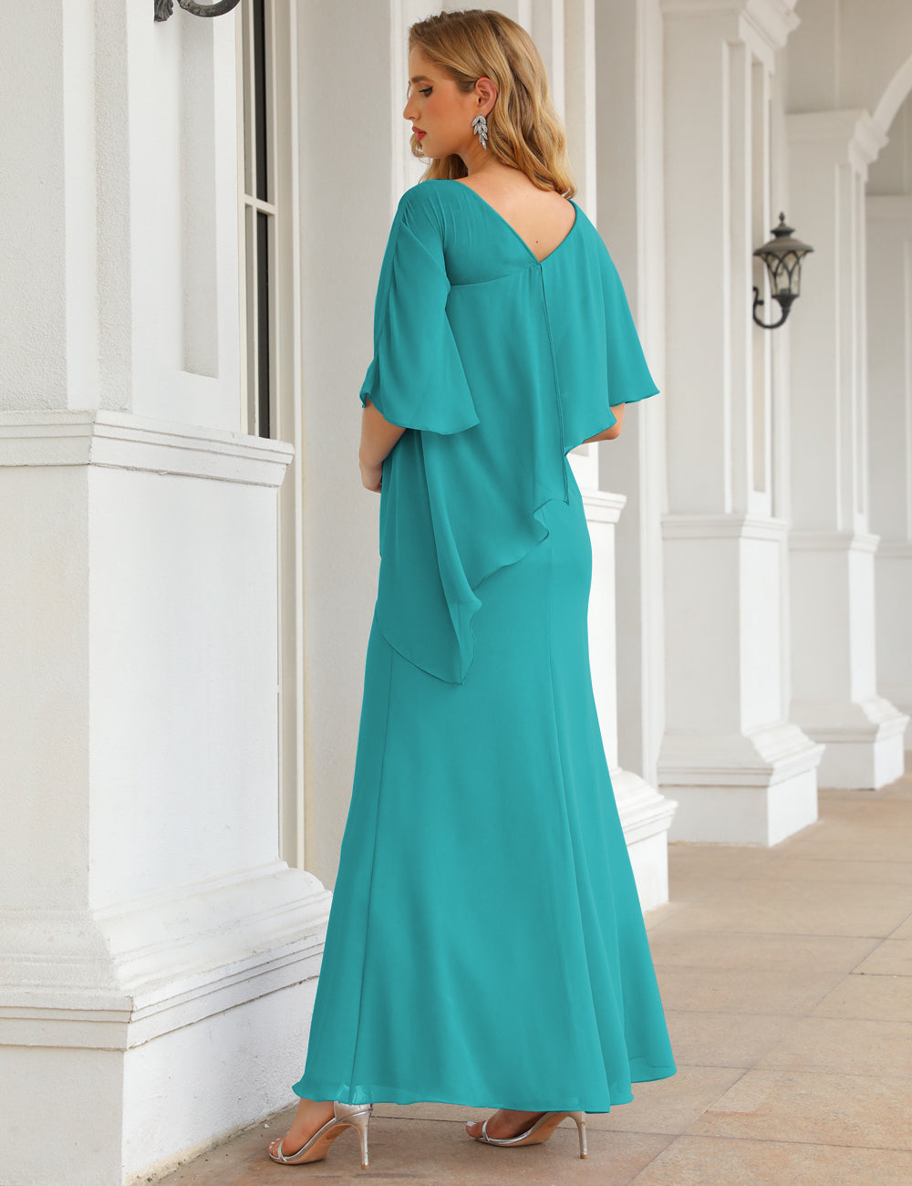 Turquoise Color Size 12 Mother of The Bride Dresses Long Cape Sleeves Formal Dress SEA28026