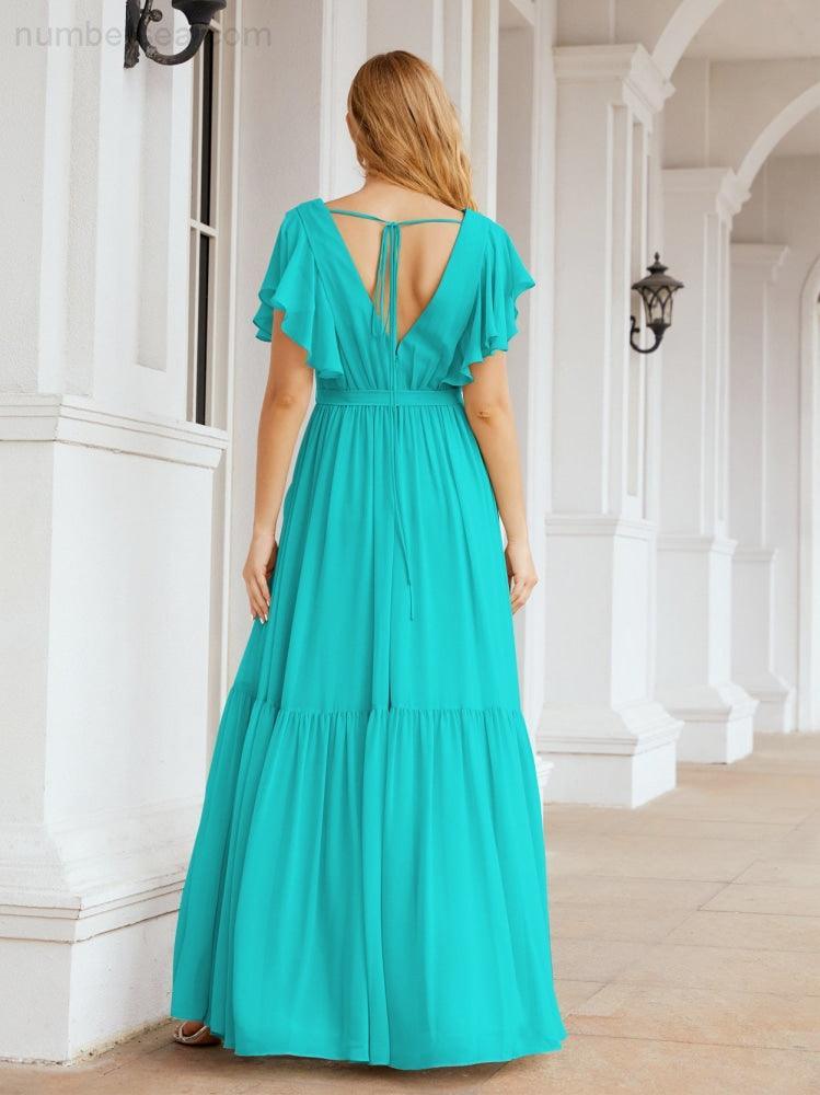 Baoleely Women's Open Back Formal Evening Party Prom Gowns V-Neck Long Chiffon Bridesmaid Dresses with Waist Belt 28038