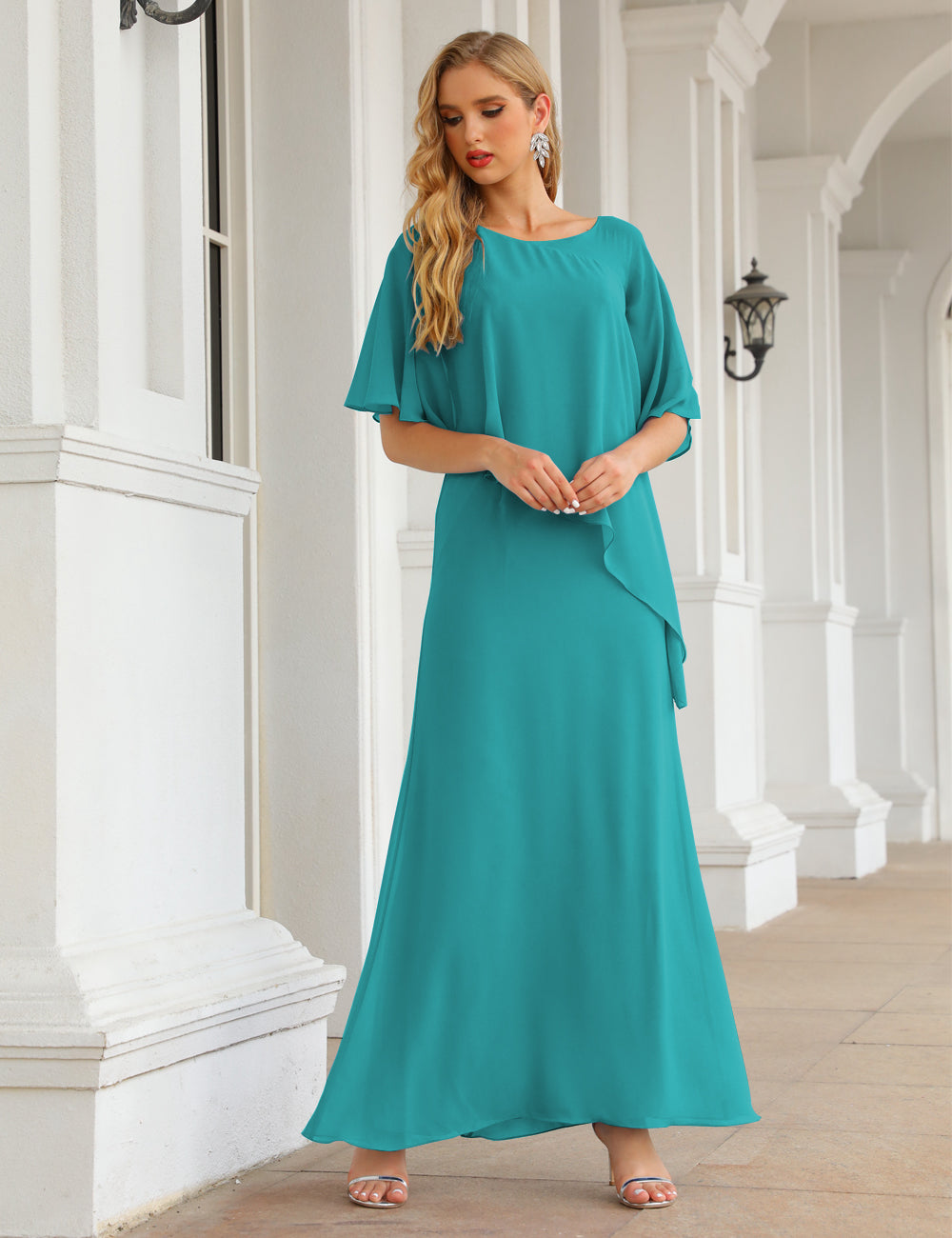 Turquoise Color Size 12 Mother of The Bride Dresses Long Cape Sleeves Formal Dress SEA28026