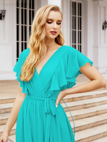 Vestido de fiesta formal de noche con espalda descubierta para mujer Baoleely, escote en V, largo, de gasa, con cinturón a la cintura 28038