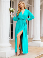 Vestido de dama de honor de gasa para mujer Sunderly, corte en A, manga larga, vestido de noche formal para invitada de boda SY28032 