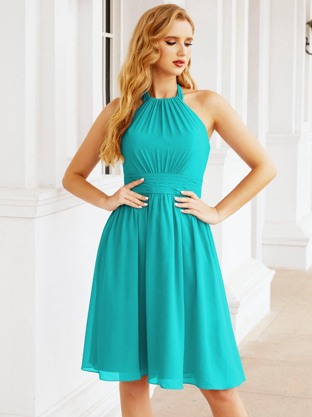 Robe de demoiselle d'honneur courte en mousseline de soie, dos nu, sans manches, robe de soirée formelle, dos nu, Baoleely 28023 