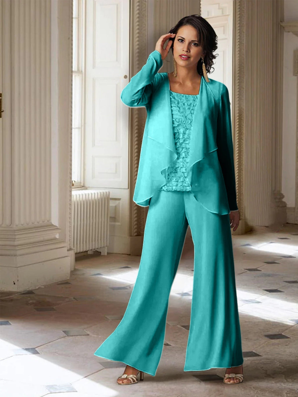 Tailleur-pantalon en mousseline à manches longues pour la mère de la mariée, avec veste 