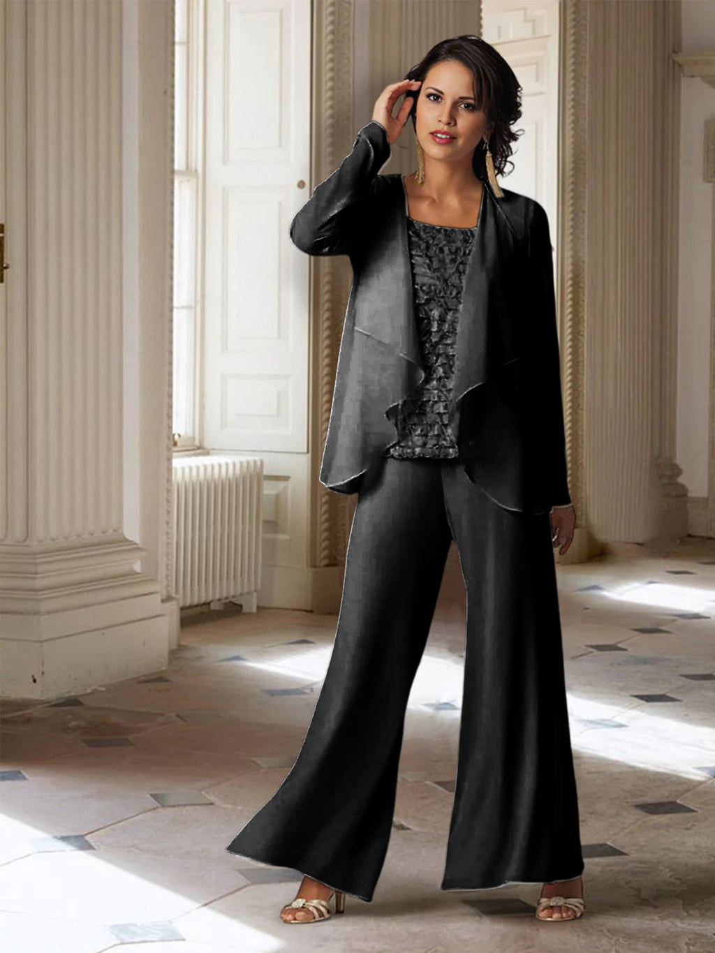 Tailleur-pantalon en mousseline à manches longues pour la mère de la mariée, avec veste 