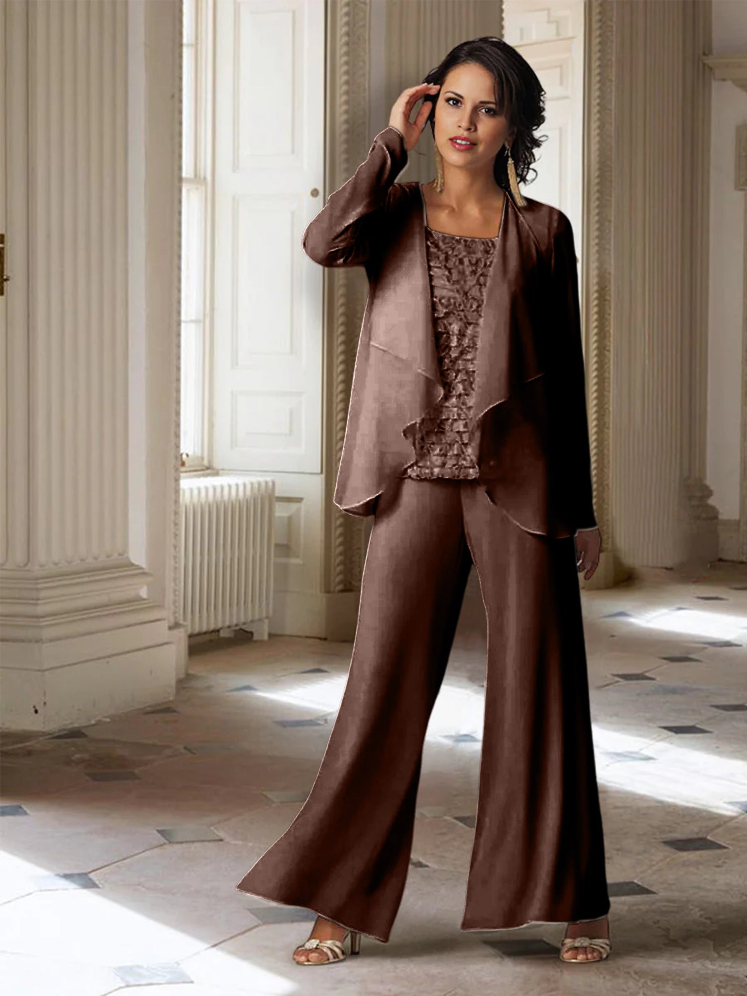 Tailleur-pantalon en mousseline à manches longues pour la mère de la mariée, avec veste 